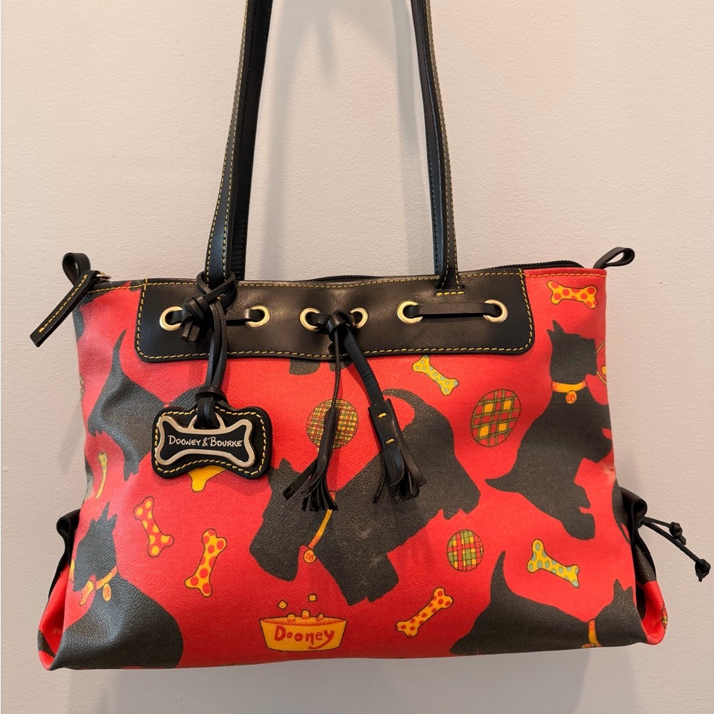 Dooney & Bourke Rare Y2K Scottie Dog Leather Tote Purse Red Black Drawstring